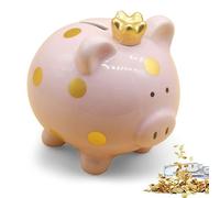 Hucha infantil, cerdo de la suerte, hucha de cerámica pequeña 11,8 x 14 x 13,2 cm, hucha de corona de princesa para niños, niñas, adultos, idea de regalo, decoración (rosa)