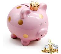 Hucha infantil, cerdo de la suerte, hucha de cerámica pequeña 11,8 x 14 x 13,2 cm, hucha de corona de princesa para niños, niñas, adultos, idea de regalo, decoración (rosa)