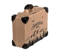 Hucha Maleta Cerámica la Aventura te Espera. Hucha Original Diseño Adventure Awaits con Tapa.