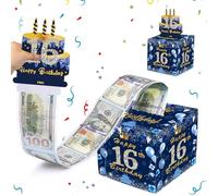 Hucha para 16 cumpleaños, regalo en efectivo, azul y oro rosa, divertida caja de dinero para sorpresa, caja de regalo de dinero con tarjeta de feliz cumpleaños 16 extraíble para dinero/lotería/cupón
