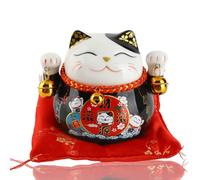 Hucha para gatos de la suerte, Maneki Neko de cerámica hucha para gatos de la suerte con campanas Feng Shui Riqueza hucha para gatos para tienda de coches de casa (Black)