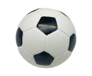 Hucha Relaxdays balón de fútbol, Ø 15 cm, Resina, Cerradura, Regalo Ideal para niños y Aficionados, Negro y Blanco