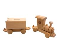 Hucha sostenible de Madera móvil - Hucha como Locomotora, Tren - Hucha para niños, Hucha de ferrocarril con vagón de Madera de Haya renovable, 36 x 8 x 12 cm.