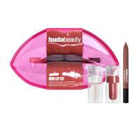HUDA BEAUTY ORIGINAL | MINI LIP KIT - Estuche de maquillaje de labios | 1 Mini FAUXFILLER Extra Shine Gloss Glassy + 1 Bombshell + 1 Mini Lip Contour 2.0 Warm Brown | by BELLA