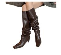 HUDFVIOI Botas Altas para Mujer Botas por encima de la rodilla de piel de vaca Arden Furtado con pliegues de cabeza cuadrada(Brown,36)