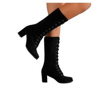 HUDFVIOI Botas Altas para Mujer Zapatos de invierno de tacón grueso for mujer con punta redonda y cordones cruzados en la parte delantera(Black,38)