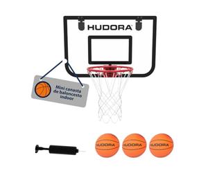 HUDORA Mini Canasta de Baloncesto Indoor - Set con 3 balones y Bomba - Canasta para habitación/despacho - aro con Muelle y Tablero de PVC - con Colgador para Puerta - para Dormitorio Infantil o Piso