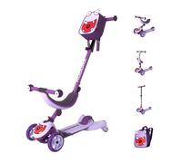 HUDORA Scooter Infantil 4 en 1 con diseño de Monstruo - Tri-Scooter versátil - Ruedas LED y Mochila - Ajustable en Altura - a Partir de 12 Meses - para Sentarse y Conducir - niños y niñas - Lila