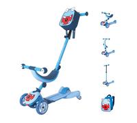 HUDORA Scooter Infantil 4 en 1 con diseño de Monstruo - Tri-Scooter versátil - Ruedas LED y Mochila - Ajustable en Altura - a Partir de 12 Meses - para Sentarse y Conducir - niños y niñas - Azul