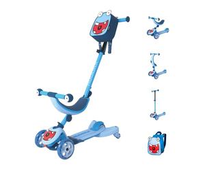 HUDORA Scooter Infantil 4 en 1 con diseño de Monstruo - Tri-Scooter versátil - Ruedas LED y Mochila - Ajustable en Altura - a Partir de 12 Meses - para Sentarse y Conducir - niños y niñas - Azul