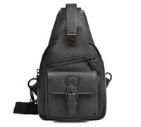 Hudson & James Bolso bandolera de piel auténtica, mochila cruzada pequeña ligera para hombres, mujeres y niños, bolsa de hombro para exteriores y viajes, Black, M, Contemporáneo
