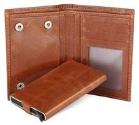 Hudson & James Cartera delgada de cuero para hombre, diseño minimalista, con bloqueo RFID, bolsillo para monedas, ventana de identificación, capacidad para hasta 10 tarjetas, Tan, M, Contemporáneo