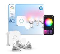 Hue Essential Kit Inicio: Hue Bridge + 3 bombillas led inteligentes GU10 + Smart button, Luz Blanca y Colores, regulable 2200-6500 K, comp. Alexa, Google Assistant, Samsung SmartThings y Apple Home