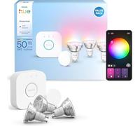 Hue Essential Kit Inicio: Hue Bridge + 3 bombillas led inteligentes GU10 + Smart button, Luz Blanca y Colores, regulable 2200-6500 K, comp. Alexa, Google Assistant, Samsung SmartThings y Apple Home
