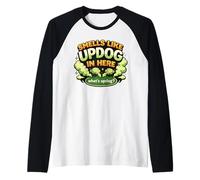 Huele a Updog en Here Daddy Joke Sarcástico Humor incómodo Camiseta Manga Raglan