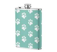 Huellas de patas de perro pequeñas sobre fondo azul,Frasco de acero inoxidable 304 de 8 oz con funda de cuero sintético, frasco de bolsillo para licor plano para exteriores