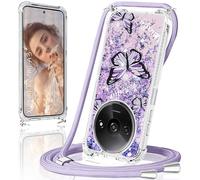 Hülle für Xiaomi Redmi A3 mit Band,Handyhülle für Redmi A3 Glitzer lila Schmetterling mit Kette TPU Slim Bumper Kratzfest Transparent Stoßfest Handykette für Xiaomi Redmi A3 Schutzhülle mit Kordel