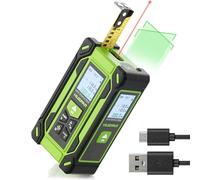 Huepar TLM60 Medidor Láser 4 en 1 con Cinta Métrica Digital y Nivel Láser Verde, Distancia hasta 60m, 9 Modos de Medición, Pantalla Doble LCD, Memoria 100 Datos, Alta Precisión para Construcción y DIY