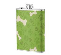 Huesos de pata de perro verdes,Frasco de acero inoxidable 304 de 8 oz con funda de cuero sintético, frasco de bolsillo para licor plano para exteriores