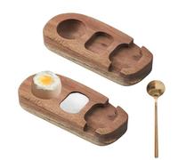 Huevera de madera, juego de 2 unidades, aprox. 15,3 x 6,5 x 2,3 cm, 3 en 1, soporte para cuencos y cucharas, hueveras con cuchara de acero inoxidable, nunca más restos de cáscara de huevo en plato o