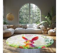 Huevos colores con hojas verdes alfombra redonda 240cm（Redondo） Primavera feliz conejo Pascua Alfombras antideslizantes para la puerta principal suave y lavable alfombra circular fina y cocina
