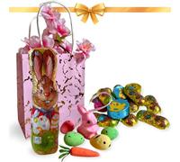 Huevos de Pascua 2024 - cesta de mimbre + osito de peluche de mariquita + huevos decorativos de colores, rama de flor blanca + conejito dorado de 25gr y mezcla de chocolate