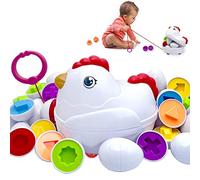 Huevos de Pascua a juego para niños pequeños con caja de pollo para empujar y tirar, 12 piezas Montessori Sorter juguete educativo de aprendizaje, múltiples formas y colores, juguete sensorial de habilidades motoras finas, regalo para niños y niñas