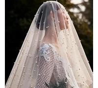 HUFFA Velo de novia con cuentas de perlas, velo blanco de 1,5 de ancho, velo de boda tipo capilla, accesorios for velo de boda, decoración de boda for mujer(Ivory,300cm)