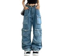 Hugboom Pantalones cargo holgados para mujeres y niñas, jeans de pierna ancha Y2k Hip Hop Streetwear de talle bajo, jeans de gran tamaño, ropa grunge, color azul, Blue2, X-Small