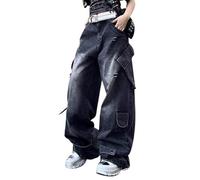 Hugboom Pantalones Cargo Holgados para Mujeres y niñas, Jeans de Pierna Ancha Y2k Hip Hop Streetwear de Talle bajo, Jeans de Gran tamaño, Ropa Grunge, Color Azul, Negro 4, Medium