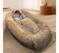HUGDSB Cama de Espuma viscoelástica for Perros, Suave y Gigante, for Adultos y Personas, con Bolsillo de Almacenamiento, ortopédica de Piel sintética esponjosa.(Khaki)