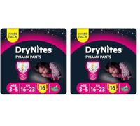 Huggies DryNites Bragas absorbentes para niña 3-5 (16-23 kg), Clínicamente probado con 5 capas de protección nocturna, 16 pañales de noche (Paquete de 2)