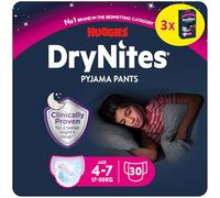 Huggies DryNites Bragas absorbentes para niña 4-7 (17-30 kg), Clínicamente probado con 5 capas de máxima protección nocturna, 3 packs de 10, Total 30 pañales de noche