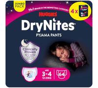 Huggies DryNites Pañales de Noche para Niña 3-4 (16-23 kg), Clínicamente Probado con 5 Capas de Máxima Protección Nocturna, 4 Packs de 16, Total 64 Bragas Absorbentes