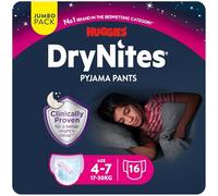 Huggies DryNites Pañales de Noche para Niña 4-7 (17-30 kg), Clínicamente Probado con 5 Capas de Máxima Protección Nocturna, 16 Bragas Absorbentes