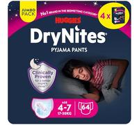 Huggies DryNites Pañales de Noche para Niña 4-7 (17-30 kg), Clínicamente Probado con 5 Capas de Máxima Protección Nocturna, 4 Packs de 16, Total 64 Bragas Absorbentes