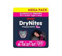HUGGIES DryNites, Pantalones de pijama, niñas de 8 a 13 años (30-48 kg), 27 pantalones para mojar la cama, hasta noches 100% libres de fugas