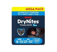 HUGGIES DryNites, Pantalones de pijama, niños de 8 a 13 años (30-48 kg), 27 pantalones para mojar la cama, hasta noches 100% libres de fugas