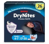 HUGGIES DryNites - Pantalones de pijama para niños de 4 a 7 años (17 a 30 kg), 26 pantalones para mojar la cama, hasta 100% noches sin fugas