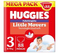 Huggies Little Movers Pants para Bebé, Tallas 3,4,5 y 6. Doble barrera Antifuga, Tecnología Quick dry, Indicador de humedad, Bebé seco hasta 12 horas, Cintura suave y Ajuste delicado a la barriguita,