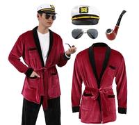 Hugh Hefner Disfraz de Hugh Hefner Robe, gorro de capitán, conjuntos de accesorios de pipa para adultos, disfraces de Halloween para hombres (XL/2XL)