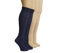 Hugh Ugoli Calcetines Hasta la Rodilla Mujer de Bambú, 4 Pares, Calcetines Largos de Vestir y Uniforme para Chicas, Suaves y Ligeros, Azul Marino, Beige, Talla: 35-38