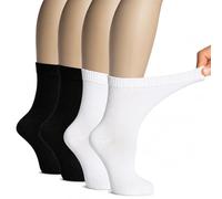 Hugh Ugoli Calcetines Media Caña Mujer Diabéticas de Bambú, 4 Pares, Suaves, Finos y Transpirables, Holgados Tobillos Hinchados, Cintura Sin Presión y Punta Sin Costura, Blanco, Negro, 39-43