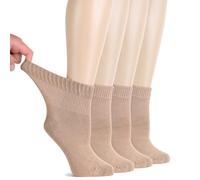 Hugh Ugoli Calcetines Tobilleros Mujer Diabéticas, 4 Pares, Calcetines de Bambú Suaves y Finos, Holgados para Tobillos Hinchados, Cintura sin Presión y Punta Sin Costura, Beige, Talla: 36-39