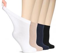 Hugh Ugoli Calcetines Tobilleros Mujer Diabéticas, 4 Pares, Calcetines de Bambú Suaves y Finos, Holgados para Tobillos Hinchados, Cintura sin Presión, Blanco, Beige, Azul marino, Negro, 40-43