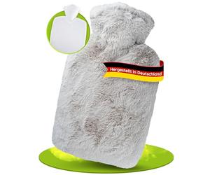 Hugo Frosch Bolsa de agua caliente clásica de 1,8 l - Fabricada en Alemania - con funda de felpa gris topo, botella grande a prueba de fugas, duradera y con funda lavable