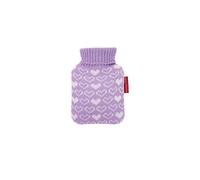 Hugo Frosch Mini bolsa de agua caliente 0,2 l - Fabricado en Alemania - con funda de punto suave corazones lila - Pequeña botella de cama a prueba de fugas y sin olor para viajes