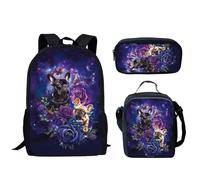 HUGS IDEA 3 mochilas escolares para niños y niñas, con bolsa de almuerzo aislada y estuche para lápices, Bulldog francés morado floral