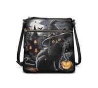 HUGS IDEA Bolso cruzado para mujer, bolso de hombro de cuero para Halloween, regalos de vacaciones, Casa encantada de gato negro, Talla única