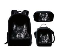 HUGS IDEA Juego de 3 mochilas escolares para adolescentes y niñas, mochila con lonchera y bolsa para lápices, Cachorro Bulldog Francés Negro